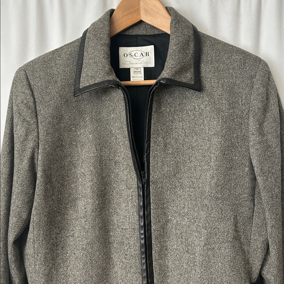 Oscar de la Renta Gray Wool Zip Front Jacket w/ Black Leather Trim *Size 12** 🌺🌺 - Picture 3 of 7
